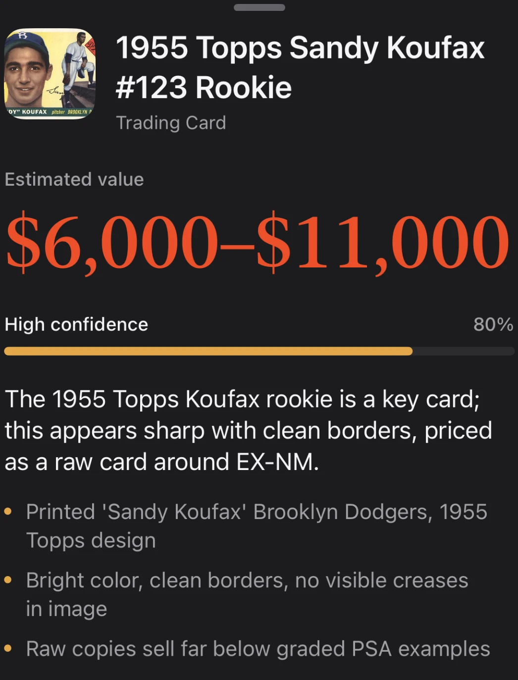 Worth result for a 1955 Topps Sandy Koufax #123 Rookie trading card: estimated value $6,000 to $11,000, high confidence at 80%. The reasoning says it appears sharp with clean borders and is priced as a raw card around EX-NM, and notes that raw copies sell far below graded PSA examples.